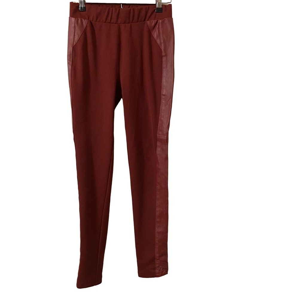 Iman Global Chic Size Small Burgundy Stretch Pull On Leggings with Leather Sides